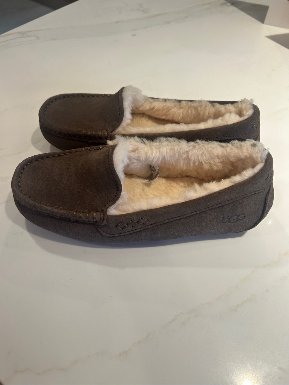 UGG Ansley Women’s Brown Espresso Suede Shearling-Lined Moccasin Slippers